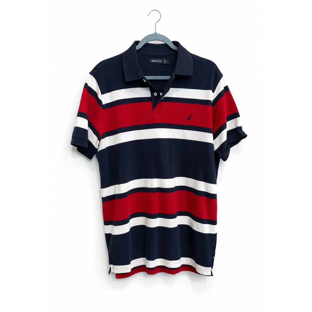 Nautica Striped Polo Shirt Red Navy White Mens Large Cotton Casual